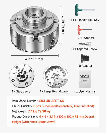 4 Inch Wood Lathe Chuck, 4-Jaw, Self-Centering Wood Turning Chuck Set with 1" x 8TPI Thread & Adapter, Round Jaws, Step Jaws, Thickened Nickel-Plated, High-Hardness Steel, for Woodworking Lathe