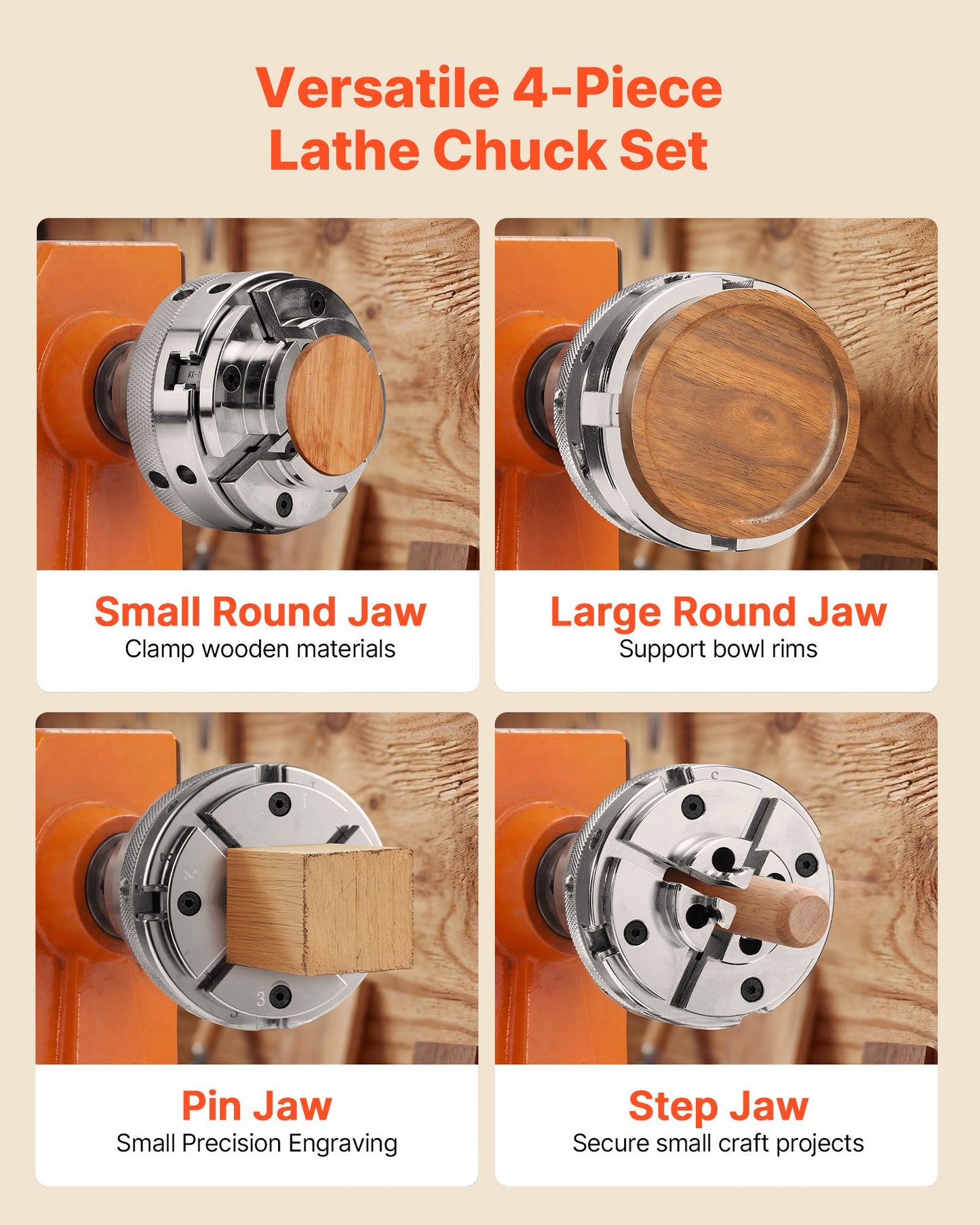 4 Inch Wood Lathe Chuck, 4-Jaw, Self-Centering Wood Turning Chuck Set with 1" x 8TPI Thread & Adapter, 4 PCS Round/Step/Pin Jaws, Case, Nickel-Plated, High-Hardness Steel, for Woodworking Lathe