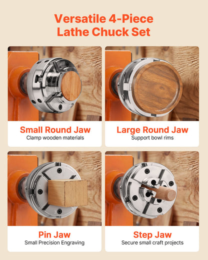 4 Inch Wood Lathe Chuck, 4-Jaw, Self-Centering Wood Turning Chuck Set with 1" x 8TPI Thread & Adapter, 4 PCS Round/Step/Pin Jaws, Case, Nickel-Plated, High-Hardness Steel, for Woodworking Lathe