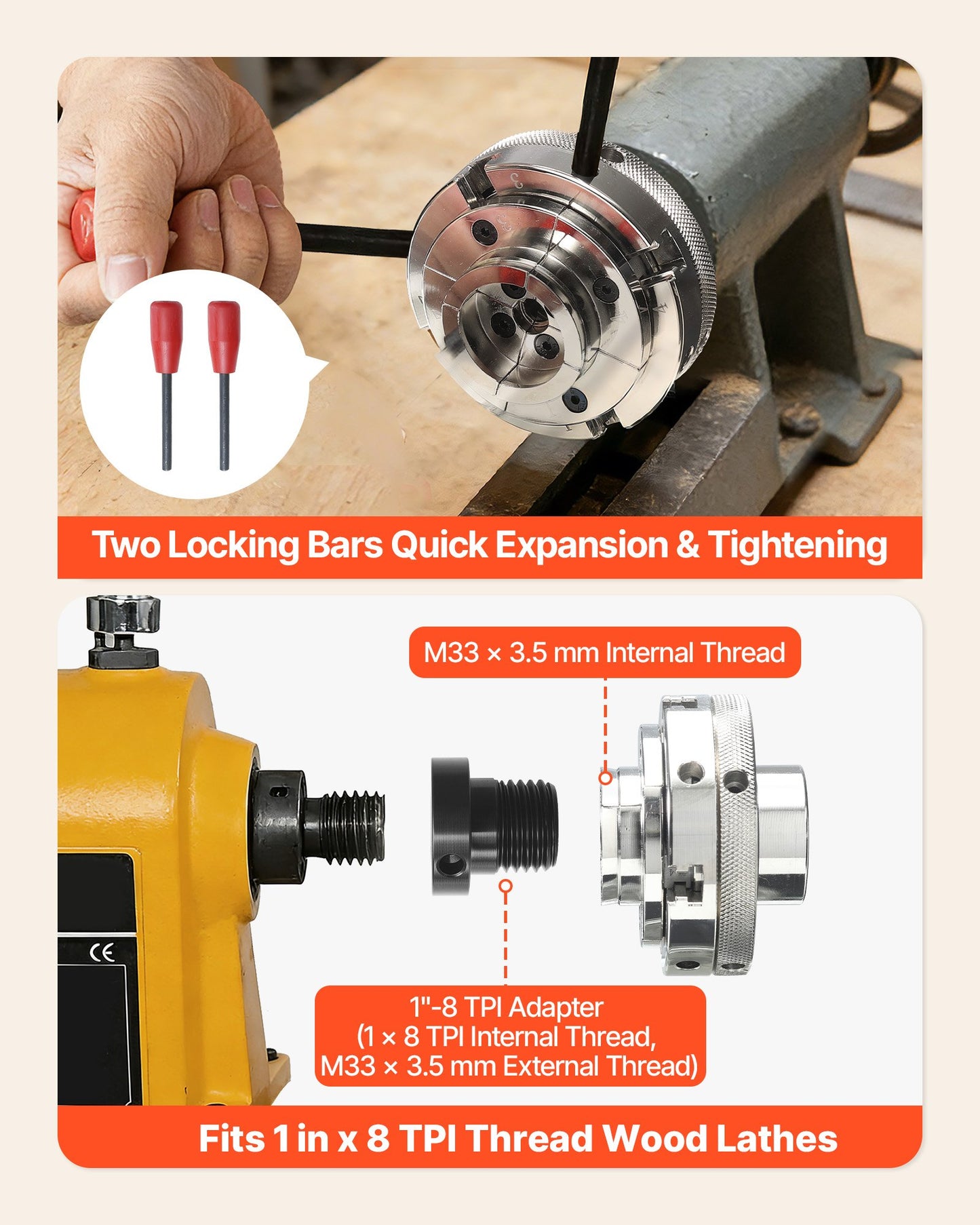 4 Inch Wood Lathe Chuck, 4-Jaw, Self-Centering Wood Turning Chuck Set with 1" x 8TPI Thread & Adapter, 4 PCS Round/Step/Pin Jaws, Case, Nickel-Plated, High-Hardness Steel, for Woodworking Lathe