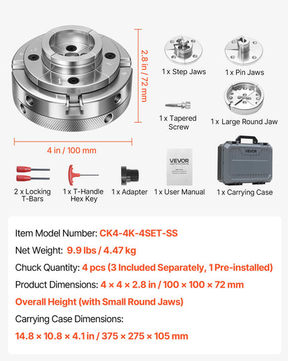 4 Inch Wood Lathe Chuck, 4-Jaw, Self-Centering Wood Turning Chuck Set with 1" x 8TPI Thread & Adapter, 4 PCS Round/Step/Pin Jaws, Case, Nickel-Plated, High-Hardness Steel, for Woodworking Lathe