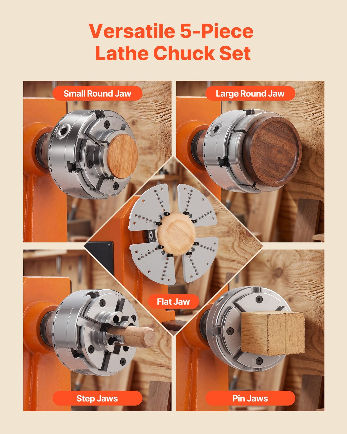 4 Inch Wood Lathe Chuck, 4-Jaw, Self-Centering Wood Turning Chuck Set with 1" x 8TPI Thread & Adapter, 5 PCS Jaws Round/Flat/Step/Pin, Carry Case, Nickel-Plated Finish, for Woodworking Lathe