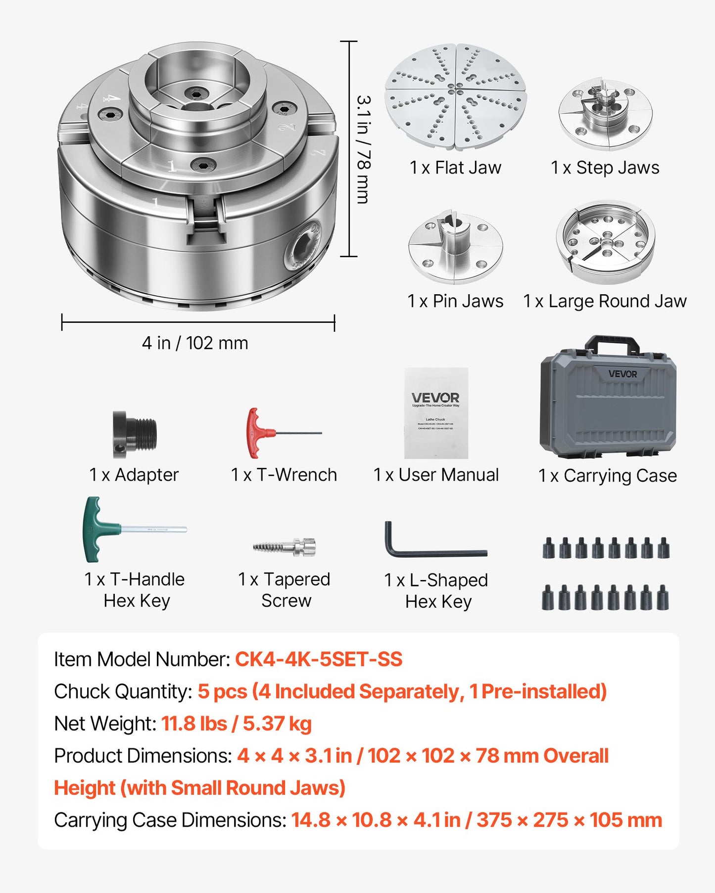 4 Inch Wood Lathe Chuck, 4-Jaw, Self-Centering Wood Turning Chuck Set with 1" x 8TPI Thread & Adapter, 5 PCS Jaws Round/Flat/Step/Pin, Carry Case, Nickel-Plated Finish, for Woodworking Lathe