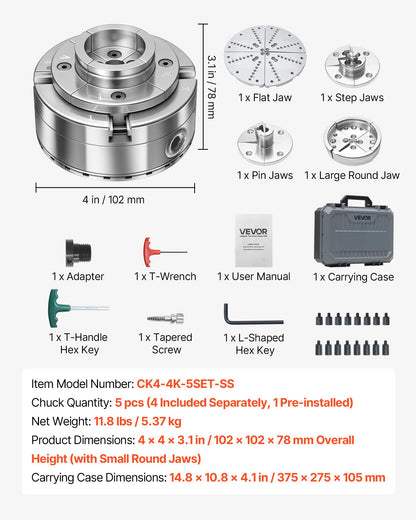 4 Inch Wood Lathe Chuck, 4-Jaw, Self-Centering Wood Turning Chuck Set with 1" x 8TPI Thread & Adapter, 5 PCS Jaws Round/Flat/Step/Pin, Carry Case, Nickel-Plated Finish, for Woodworking Lathe