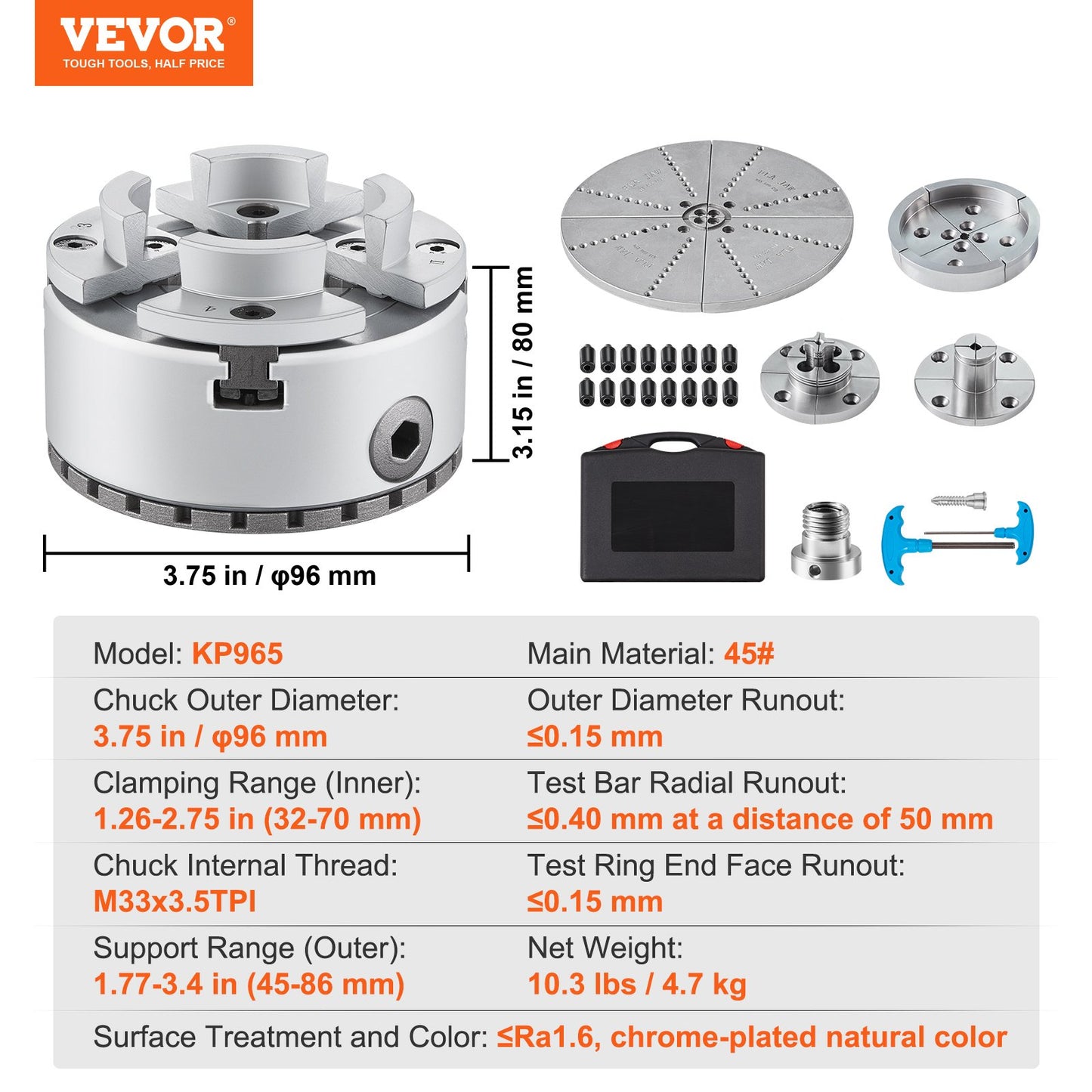 VEVOR KP965 Lathe Chuck, 4-Jaw 96 mm Diameter, Metal Lathe Chuck Turning Machine