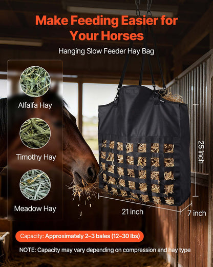 Hay Bag for Horses, 55 x 18.5 x 64 cm, 46 x 46 mm Holes, Premium Nylon Construction with PVC Waterproof Coating, Adjustable Hanging Straps and Metal Hooks, Slow Feed Hay Bag for Horses