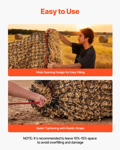 Round Bale Hay Net, 1.5 x 1.5 x 1.5 m, 44.45 x 44.45 mm Holes, PE Material, Reinforced Knotted Design, with Zip Ties, Needle Shuttle, and Repair Twine, Slow Feeder Round Bale Net for Horses