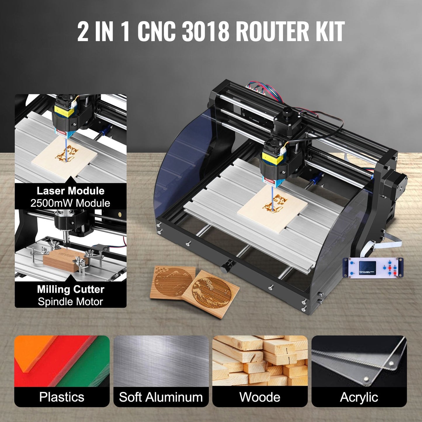 CNC Router & Laser Engraver, 3 Axis, 2.5W, GRBL Control, 30x18x4.5 cm Area