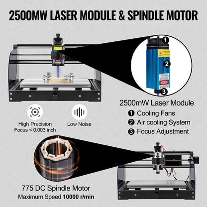 CNC Router & Laser Engraver, 3 Axis, 2.5W, GRBL Control, 30x18x4.5 cm Area