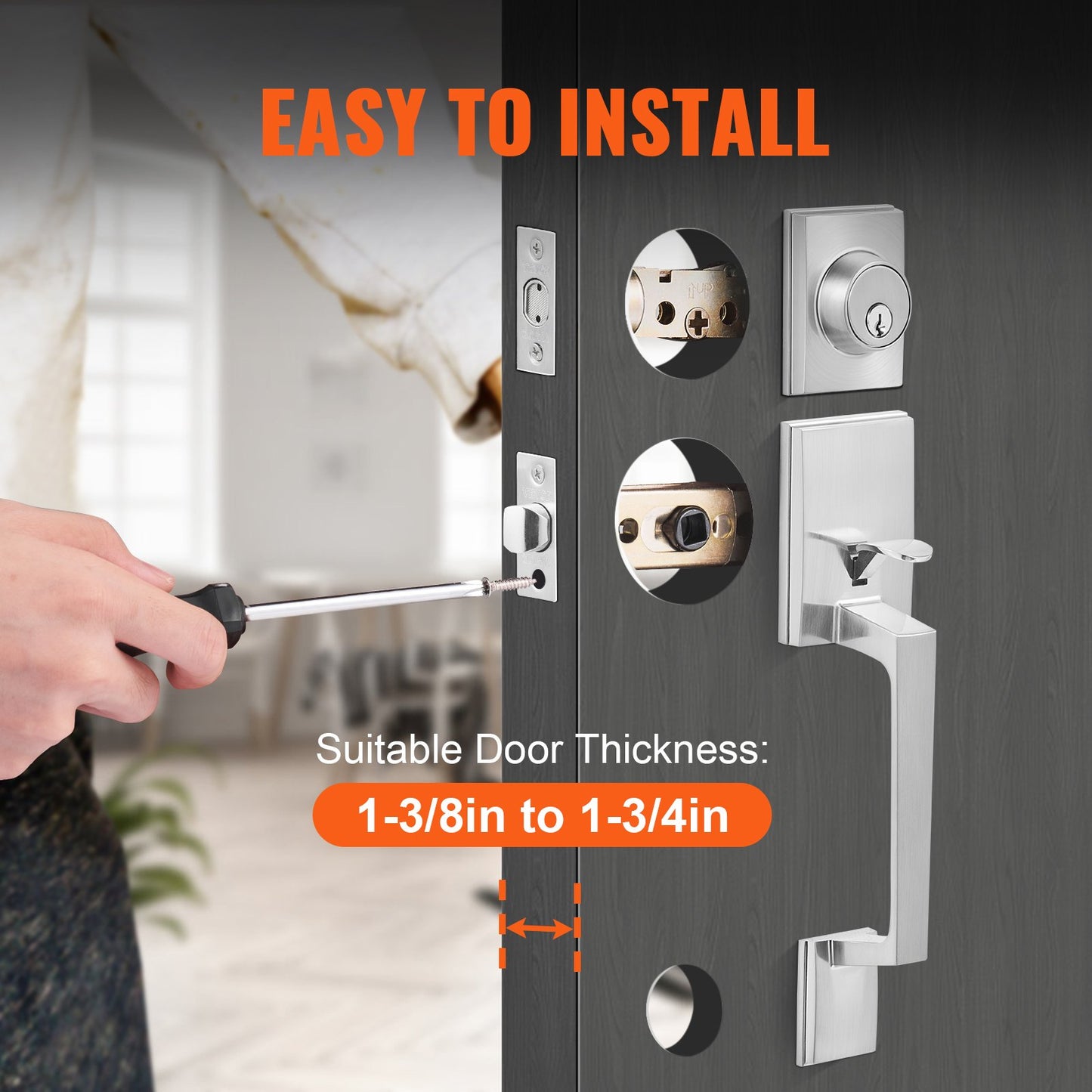 Front Door Handle and Deadbolt Set, Square Entry Handle Set with Lever, Single Cylinder, Adjustable Hole Space, Reversible for Right and Left Handed Entrance and Front Doors, Satin Nickel