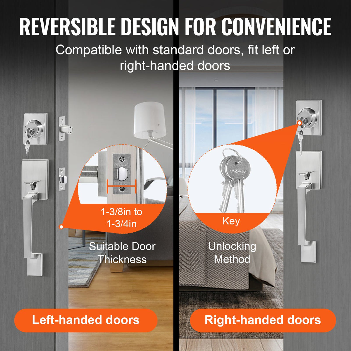 Front Door Handle and Deadbolt Set, Square Entry Handle Set with Lever, Single Cylinder, Adjustable Hole Space, Reversible for Right and Left Handed Entrance and Front Doors, Satin Nickel