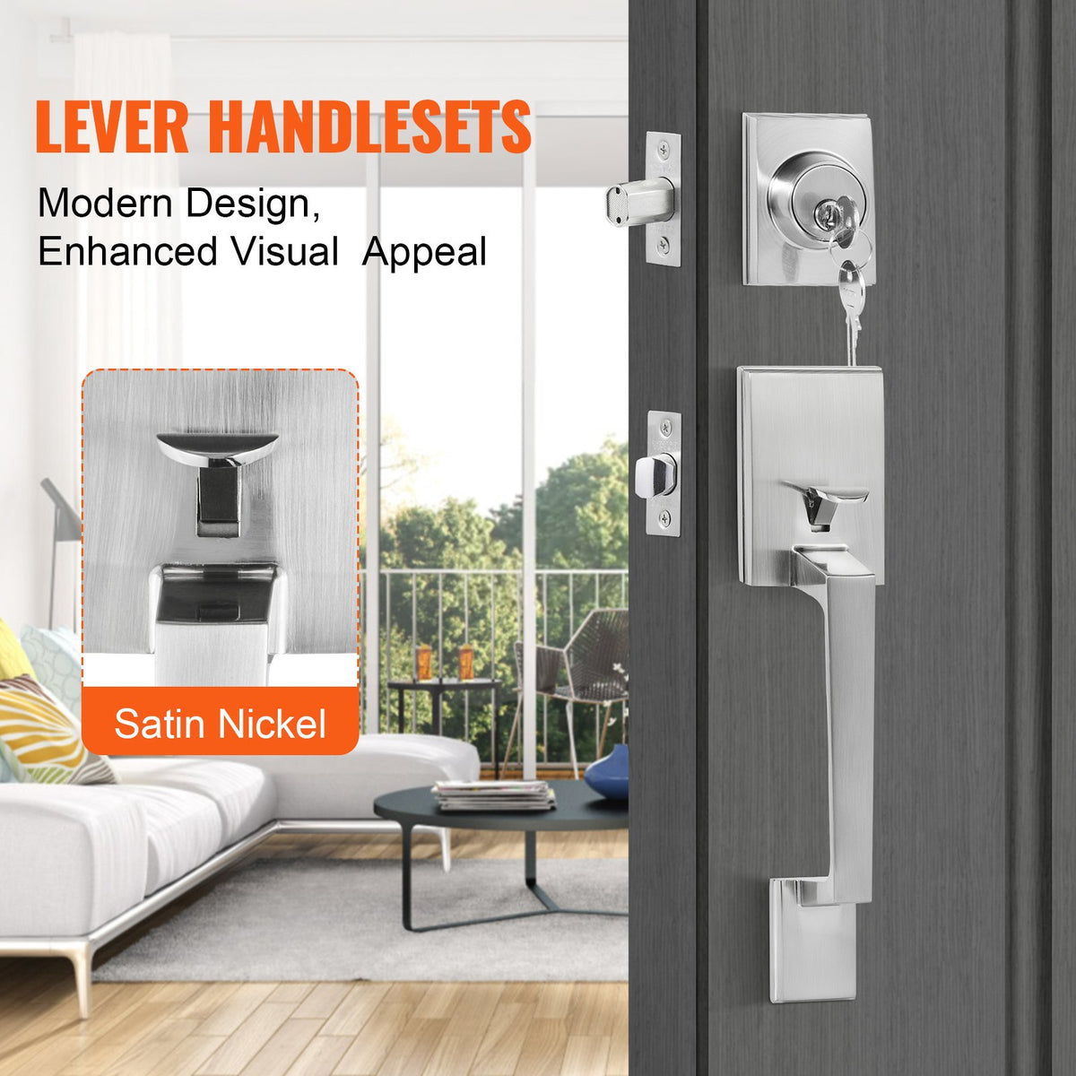 Front Door Handle and Deadbolt Set, Square Entry Handle Set with Lever, Single Cylinder, Adjustable Hole Space, Reversible for Right and Left Handed Entrance and Front Doors, Satin Nickel