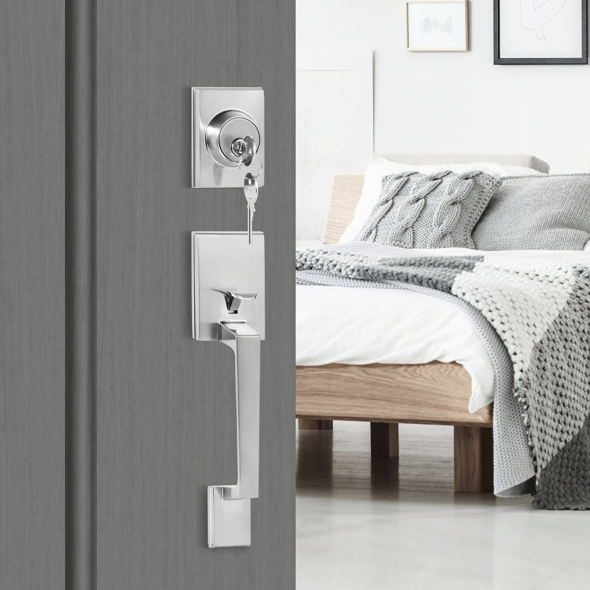 Front Door Handle and Deadbolt Set, Square Entry Handle Set with Lever, Single Cylinder, Adjustable Hole Space, Reversible for Right and Left Handed Entrance and Front Doors, Satin Nickel