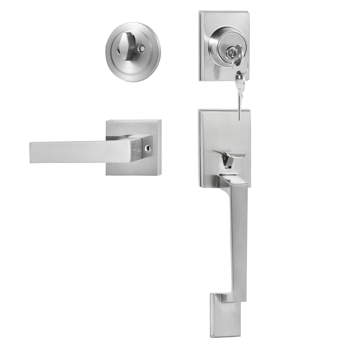Front Door Handle and Deadbolt Set, Square Entry Handle Set with Lever, Single Cylinder, Adjustable Hole Space, Reversible for Right and Left Handed Entrance and Front Doors, Satin Nickel