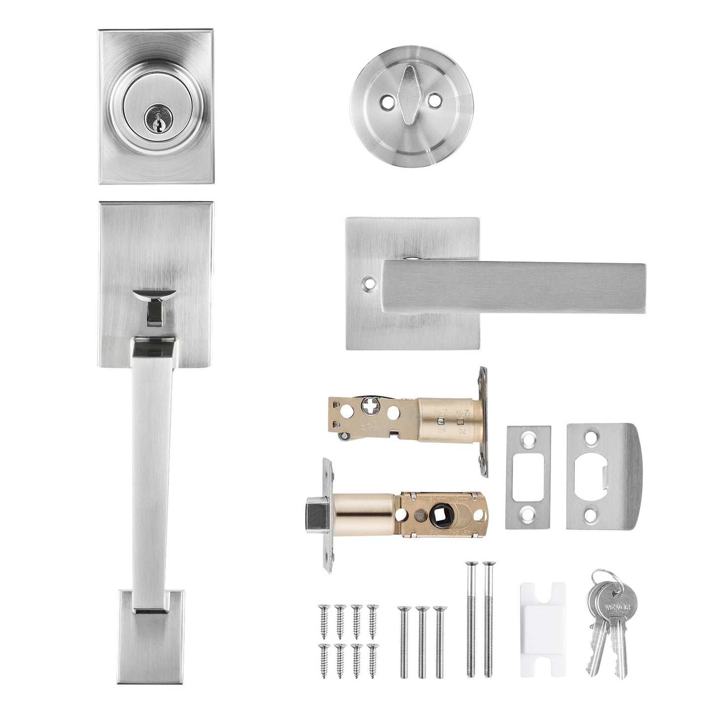 Front Door Handle and Deadbolt Set, Square Entry Handle Set with Lever, Single Cylinder, Adjustable Hole Space, Reversible for Right and Left Handed Entrance and Front Doors, Satin Nickel
