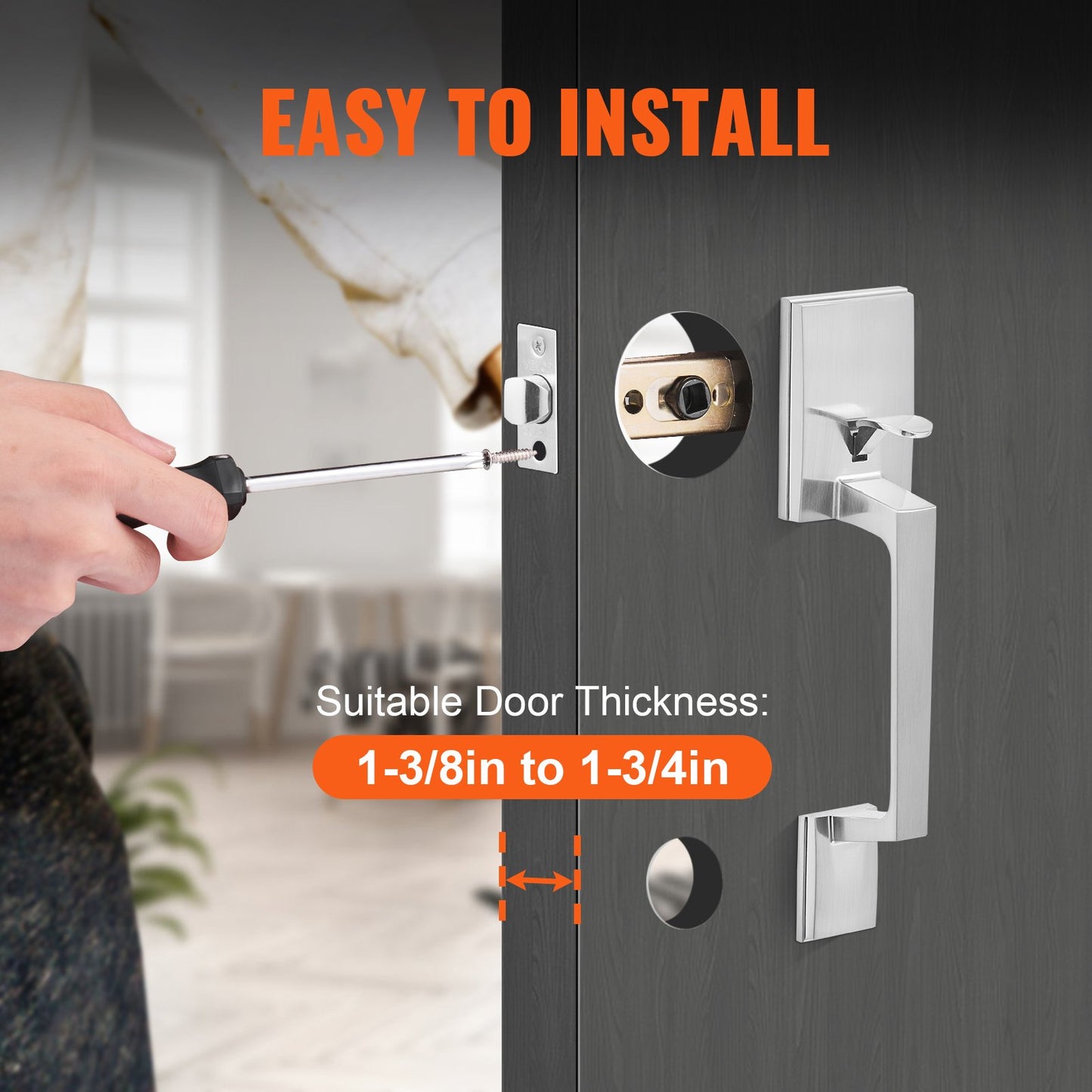 Front Door Handle, Square Entry Handle Set with Lever, No Lock, Adjustable Hole Space, Zinc Alloy Die-Casting, Reversible for Right and Left Handed Entrance and Front Doors, Matte Black