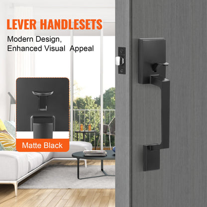 Front Door Handle, Square Entry Handle Set with Lever, No Lock, Adjustable Hole Space, Zinc Alloy Die-Casting, Reversible for Right and Left Handed Entrance and Front Doors, Matte Black