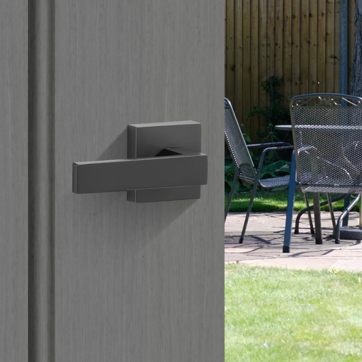 Front Door Handle, Square Entry Handle Set with Lever, No Lock, Adjustable Hole Space, Zinc Alloy Die-Casting, Reversible for Right and Left Handed Entrance and Front Doors, Matte Black