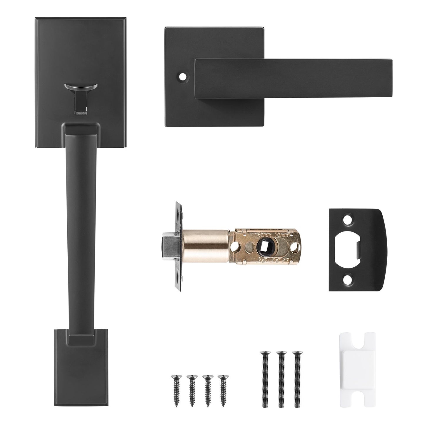 Front Door Handle, Square Entry Handle Set with Lever, No Lock, Adjustable Hole Space, Zinc Alloy Die-Casting, Reversible for Right and Left Handed Entrance and Front Doors, Matte Black