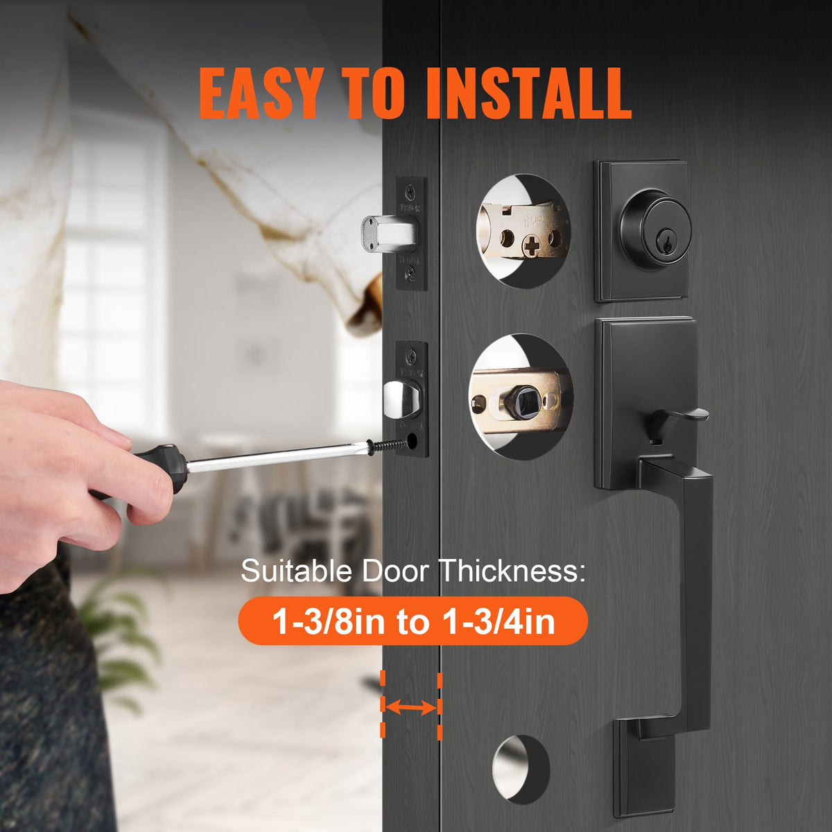 Front Door Handle and Deadbolt Set, Square Entry Handle Set with Lever, Single Cylinder, Adjustable Hole Space, Reversible for Right and Left Handed Entrance and Front Doors, Matte Black