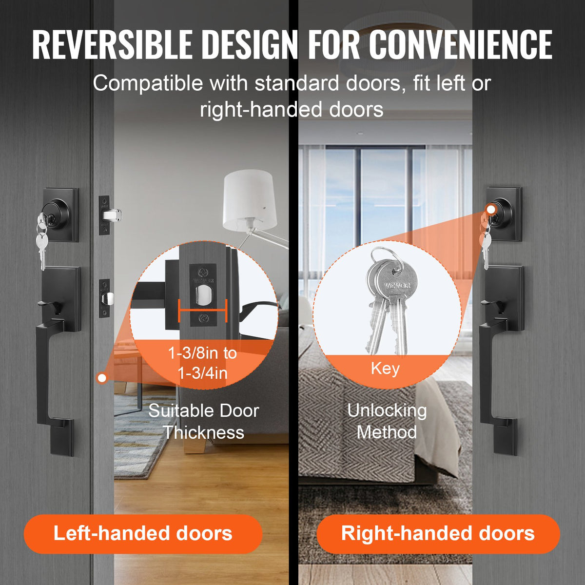 Front Door Handle and Deadbolt Set, Square Entry Handle Set with Lever, Single Cylinder, Adjustable Hole Space, Reversible for Right and Left Handed Entrance and Front Doors, Matte Black