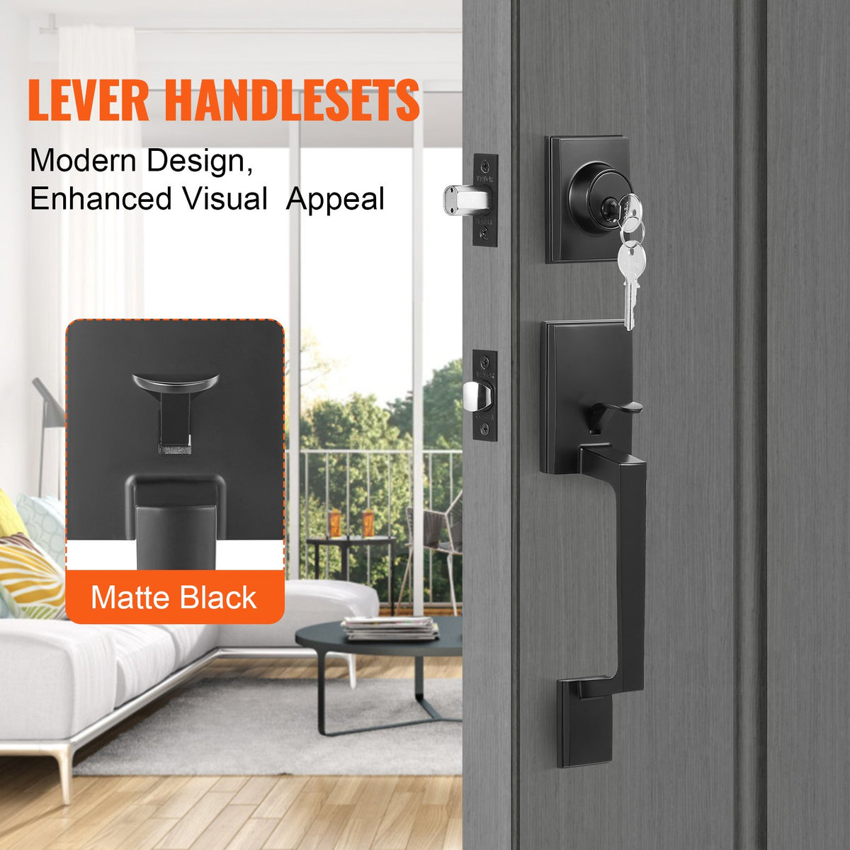 Front Door Handle and Deadbolt Set, Square Entry Handle Set with Lever, Single Cylinder, Adjustable Hole Space, Reversible for Right and Left Handed Entrance and Front Doors, Matte Black