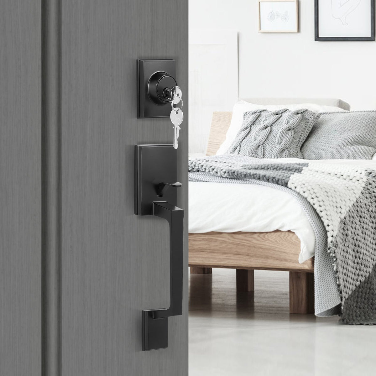 Front Door Handle and Deadbolt Set, Square Entry Handle Set with Lever, Single Cylinder, Adjustable Hole Space, Reversible for Right and Left Handed Entrance and Front Doors, Matte Black