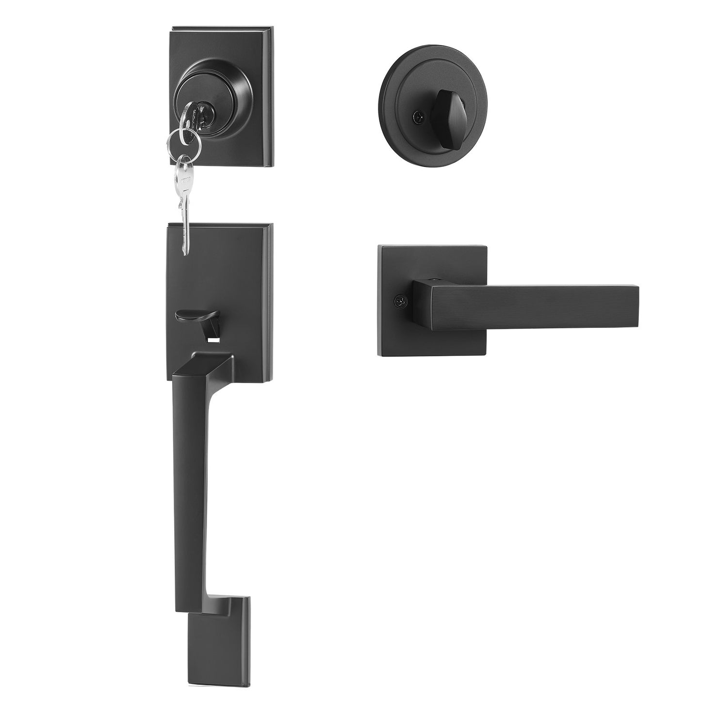 Front Door Handle and Deadbolt Set, Square Entry Handle Set with Lever, Single Cylinder, Adjustable Hole Space, Reversible for Right and Left Handed Entrance and Front Doors, Matte Black