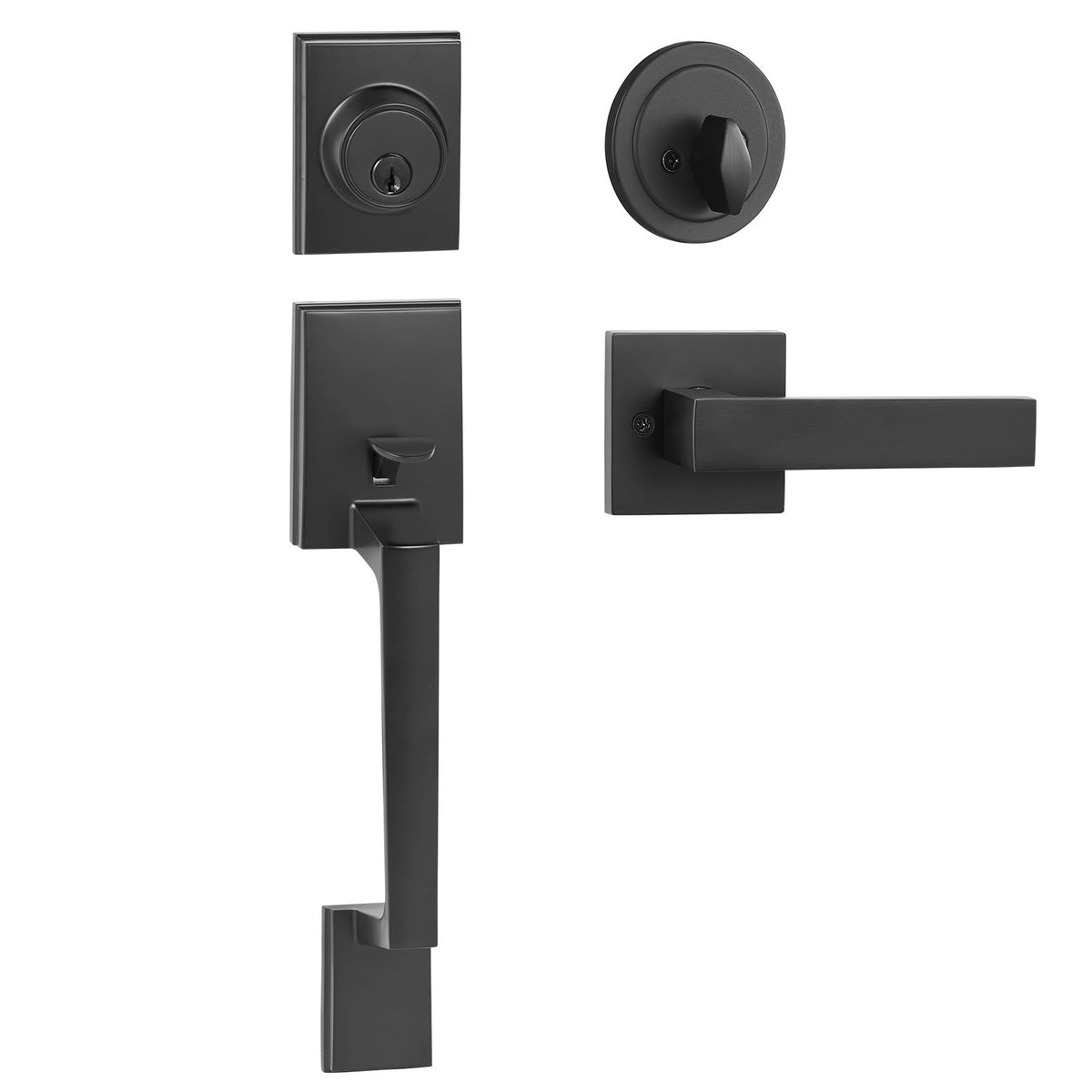 Front Door Handle and Deadbolt Set, Square Entry Handle Set with Lever, Single Cylinder, Adjustable Hole Space, Reversible for Right and Left Handed Entrance and Front Doors, Matte Black