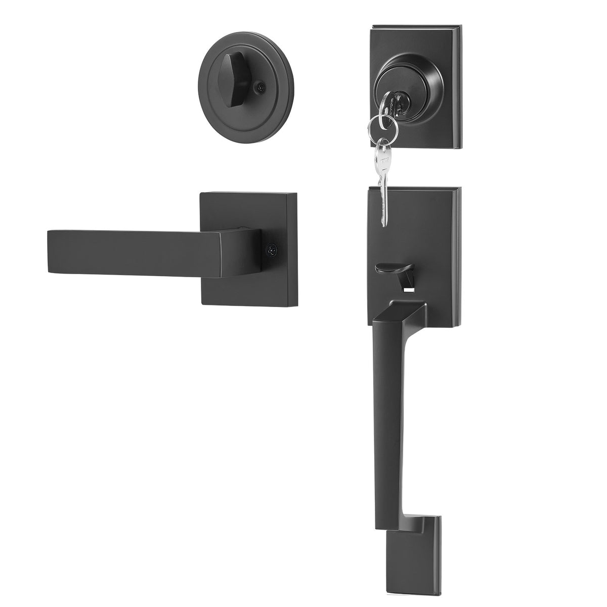 Front Door Handle and Deadbolt Set, Square Entry Handle Set with Lever, Single Cylinder, Adjustable Hole Space, Reversible for Right and Left Handed Entrance and Front Doors, Matte Black
