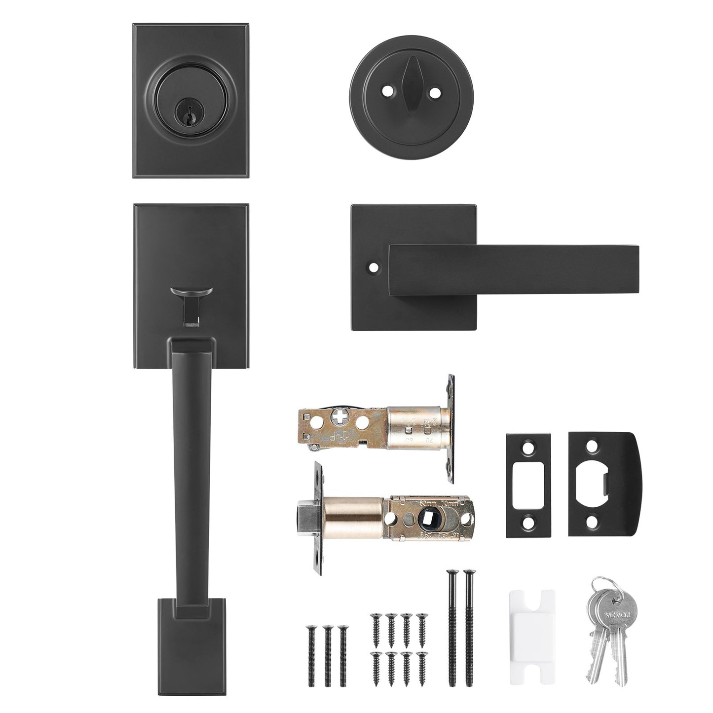 Front Door Handle and Deadbolt Set, Square Entry Handle Set with Lever, Single Cylinder, Adjustable Hole Space, Reversible for Right and Left Handed Entrance and Front Doors, Matte Black