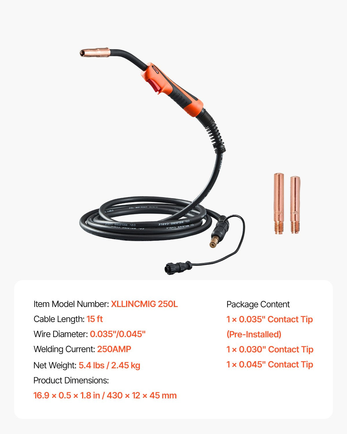 VEVOR 250Amp Mig Welding Gun with 15FT Cable for 0.035" & 0.045" Welding Wires