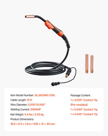 VEVOR 250Amp Mig Welding Gun with 15FT Cable for 0.035" & 0.045" Welding Wires