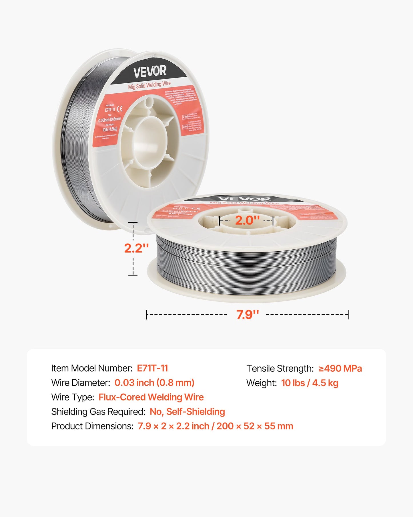 Flux Core MIG Welding Wire, E71T-11 0.8mm 4.5kg, Gasless Mild Steel Welding Wire with Low Spatter for All Position Arc Welding, Self-Shielded for Outdoor Use