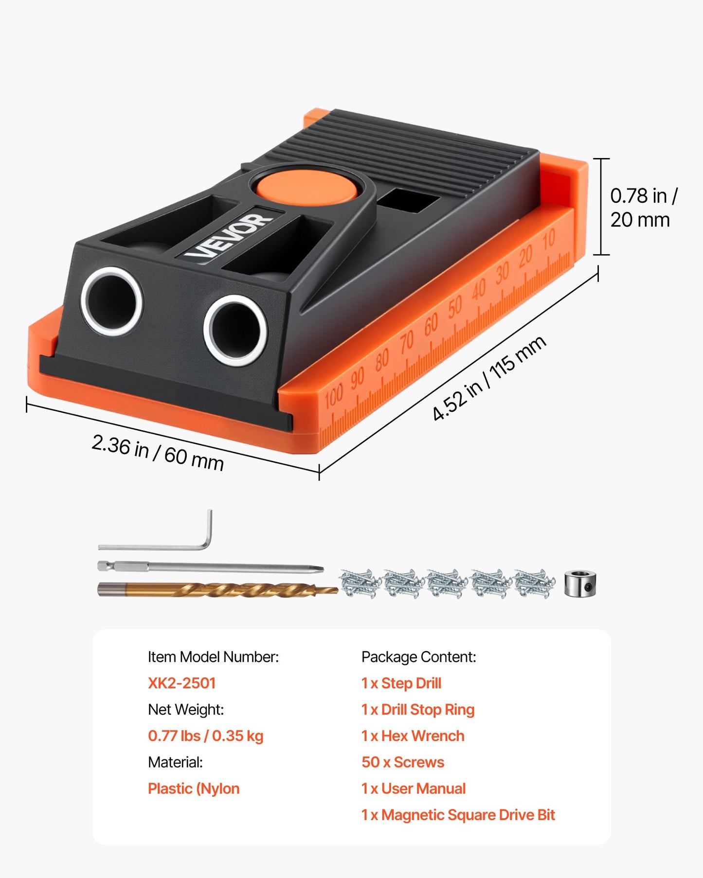 Pocket Hole Jig Kit, 12.7 to 38.1 mm Adjustable, Mini Jig Pocket Hole System with Step Drill, Hex Wrench, Drill Stop Ring, Square Drive Bit, and Screws, Reinforced Nylon Frame, for Woodworking