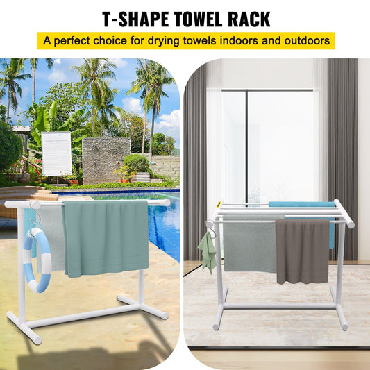 Freestanding T-Shape Poolside Towel Rack with 5 Bars and Accessories, White