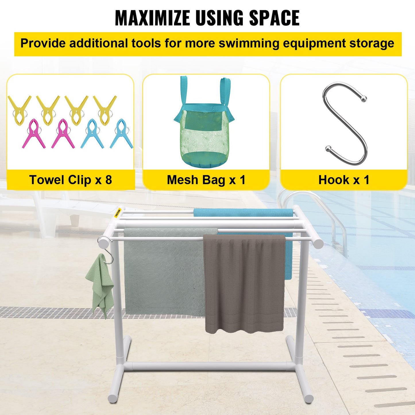 VEVOR Pool Towel Rack, 5 Bar, White, Freestanding Outdoor PVC T-Shape Poolside Storage
