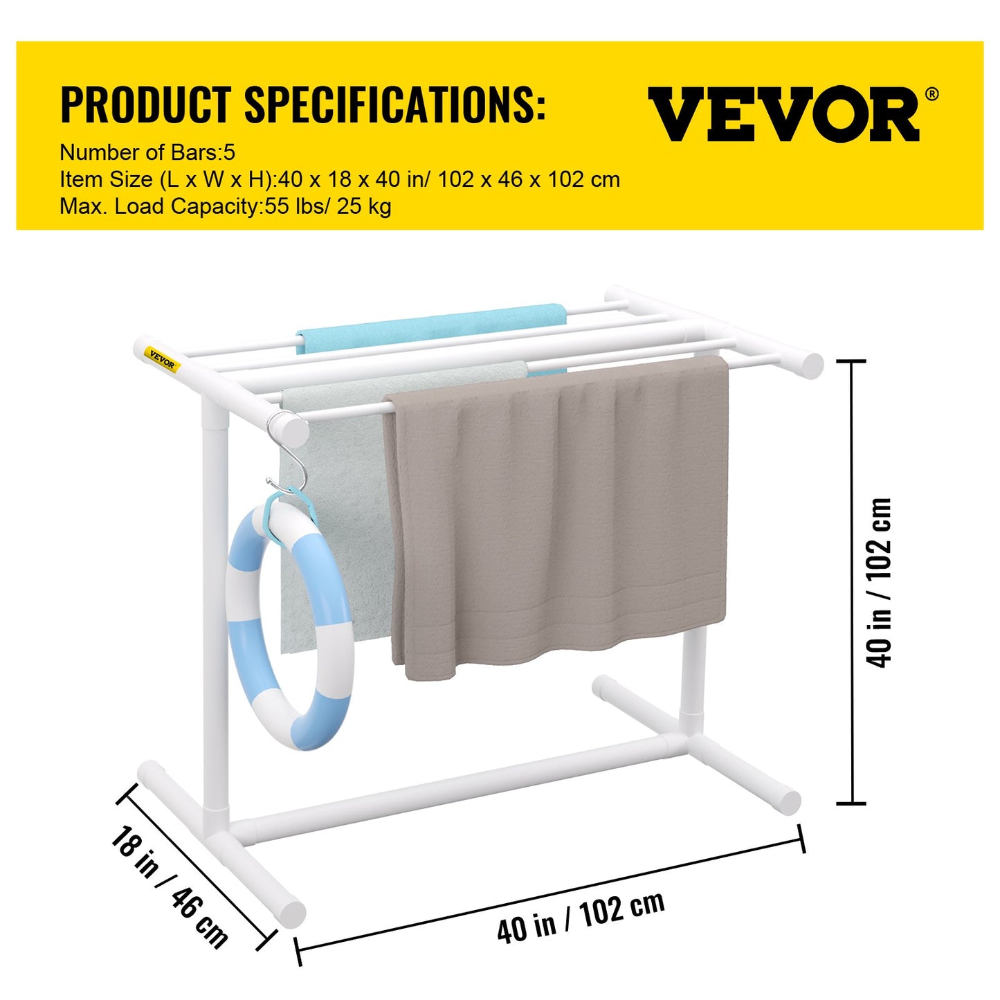 VEVOR Pool Towel Rack, 5 Bar, White, Freestanding Outdoor PVC T-Shape Poolside Storage