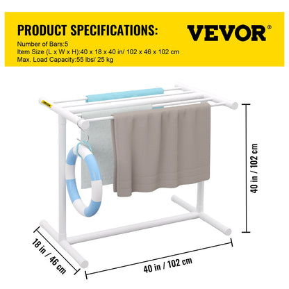 VEVOR Pool Towel Rack, 5 Bar, White, Freestanding Outdoor PVC T-Shape Poolside Storage