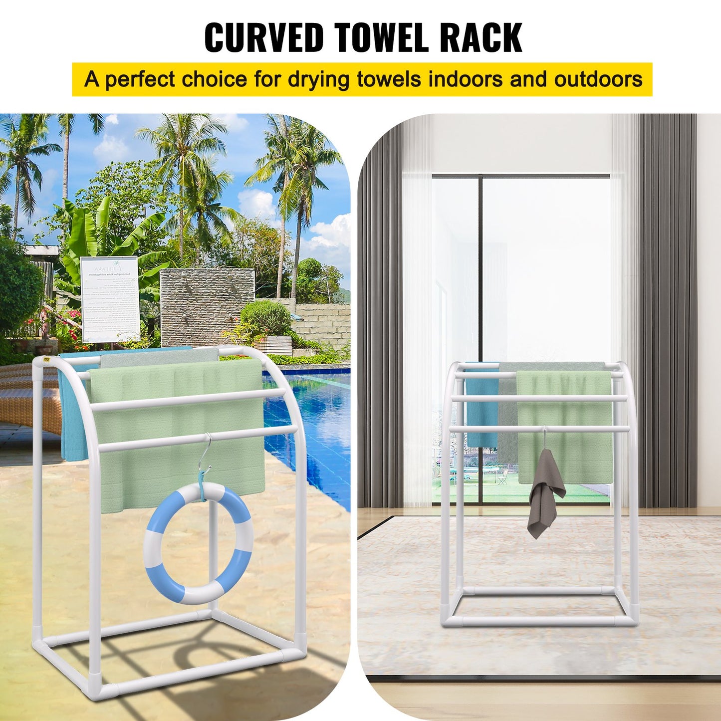 VEVOR Pool Towel Rack, 5 Bar, Milky, Freestanding Outdoor PVC Curved Poolside Storage