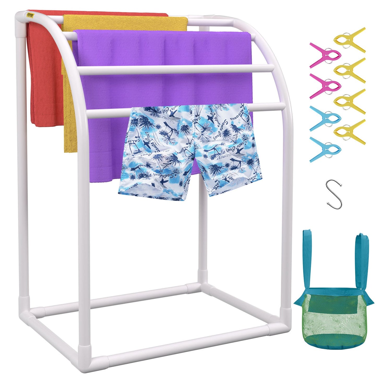 VEVOR Pool Towel Rack, 5 Bar, Milky, Freestanding Outdoor PVC Curved Poolside Storage