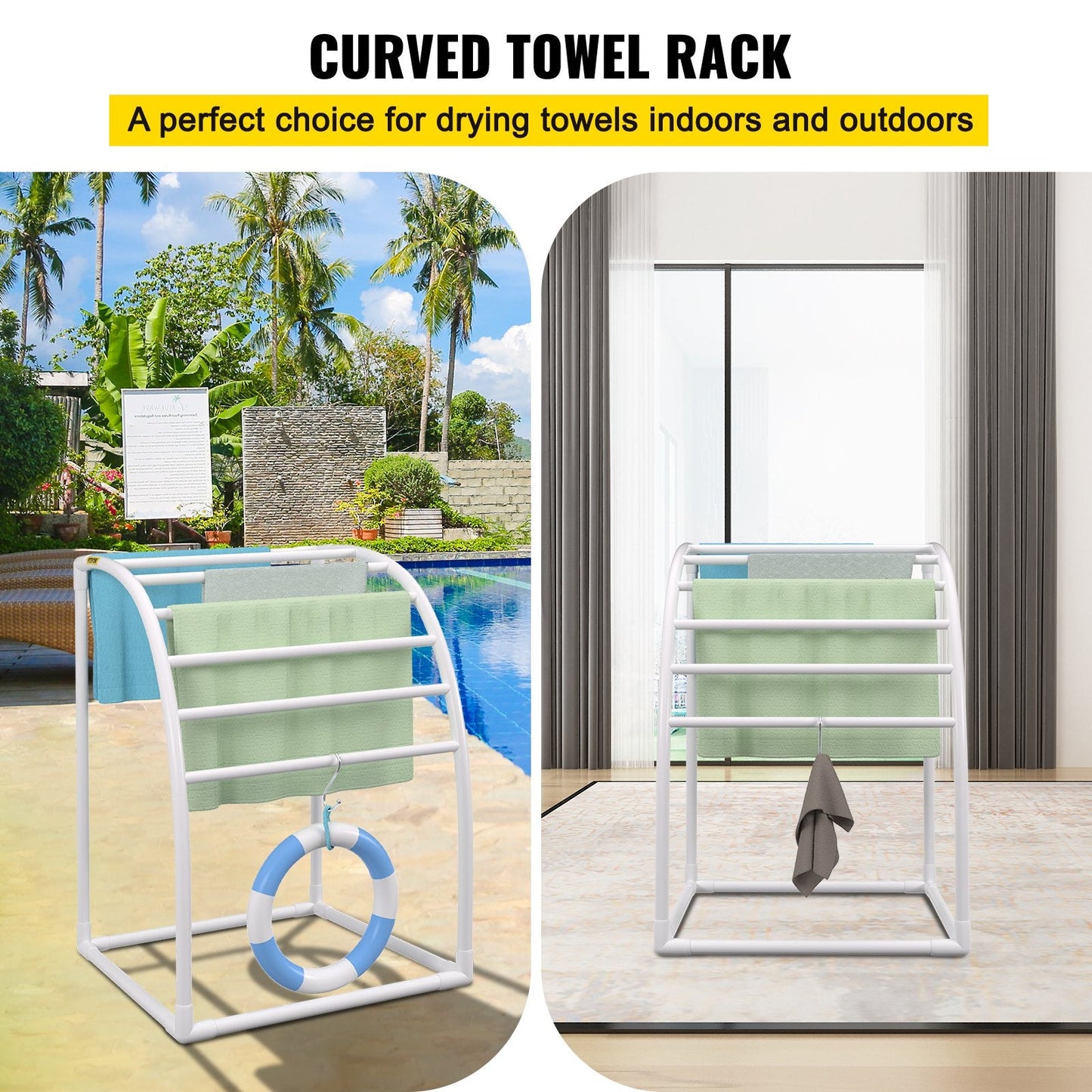Freestanding Curved 7-Bar Outdoor Towel Rack, White, 30 kg Capacity, PVC Structure
