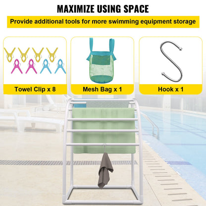 Freestanding Curved 7-Bar Outdoor Towel Rack, White, 30 kg Capacity, PVC Structure