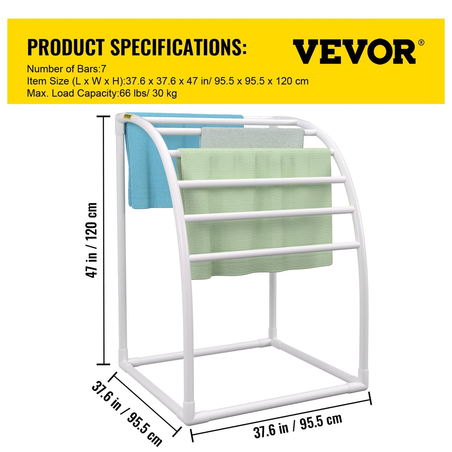 Freestanding Curved 7-Bar Outdoor Towel Rack, White, 30 kg Capacity, PVC Structure