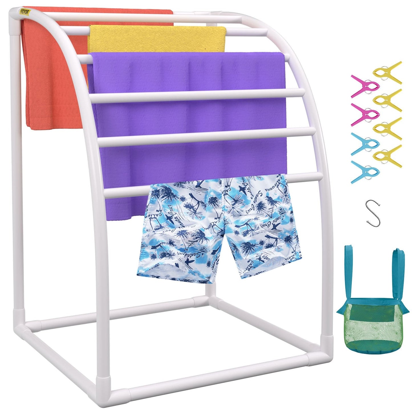 Freestanding Curved 7-Bar Outdoor Towel Rack, White, 30 kg Capacity, PVC Structure
