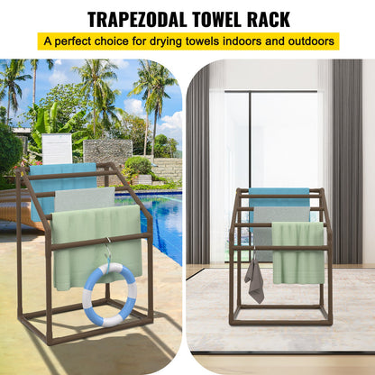 VEVOR Pool Towel Rack, 5 Bar, Brown, Freestanding Outdoor PVC Trapedozal Poolside