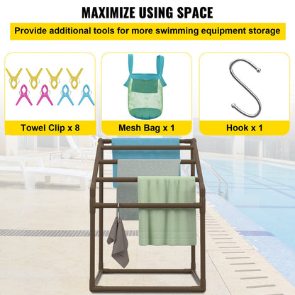 VEVOR Pool Towel Rack, 5 Bar, Brown, Freestanding Outdoor PVC Trapedozal Poolside