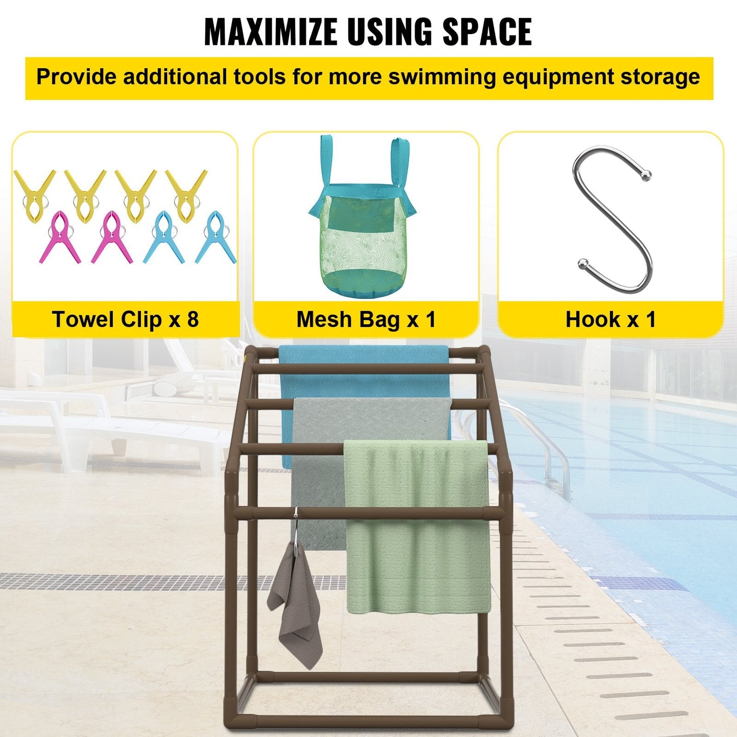 Freestanding Outdoor PVC Towel Rack with 5 Bars and Accessories, Brown