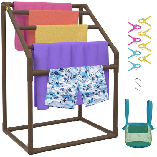 VEVOR Pool Towel Rack, 5 Bar, Brown, Freestanding Outdoor PVC Trapedozal Poolside
