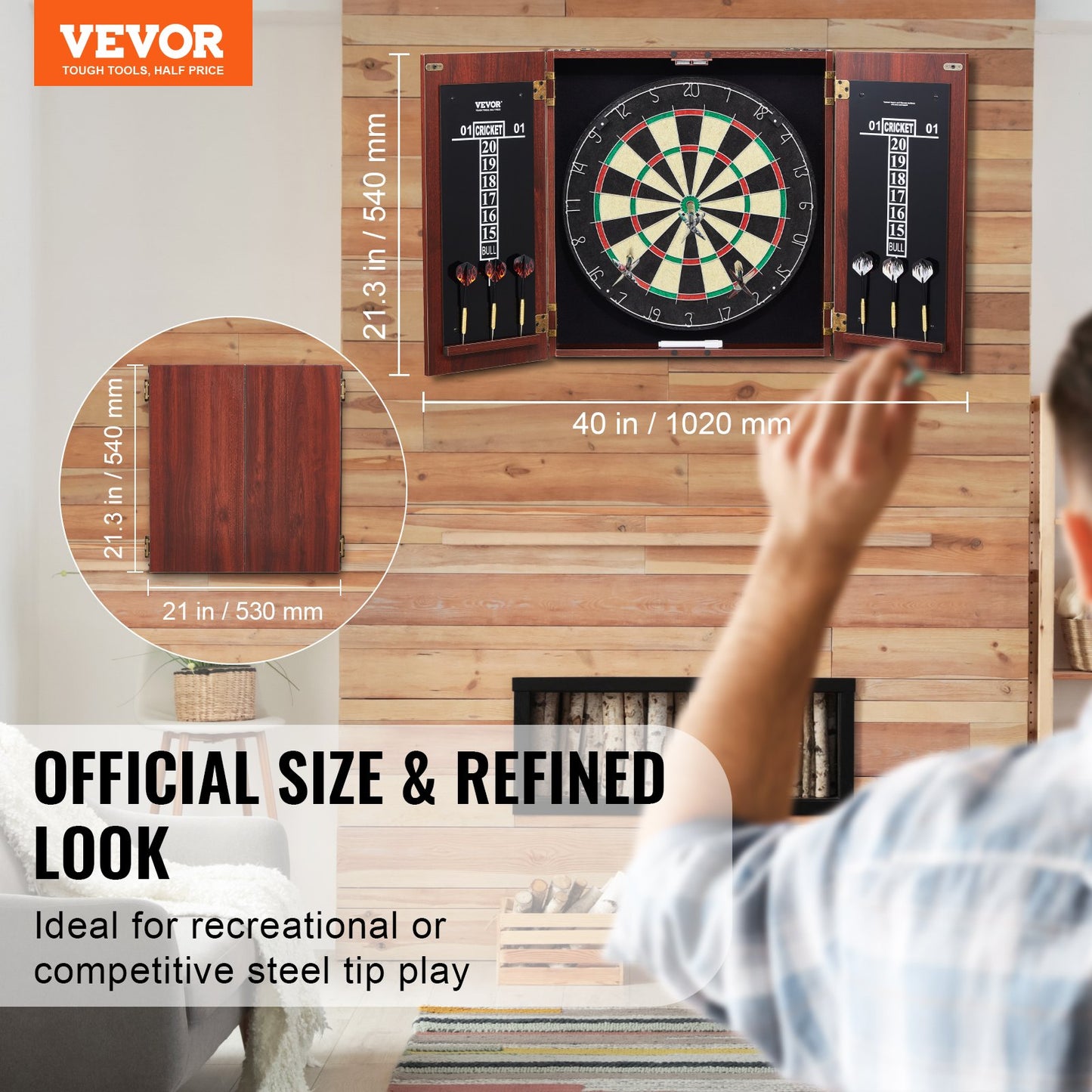 Dartboard and Cabinet Set, Ready-to-Play Bundle Official Size Dartboard Cabinet, Steel Tip Dart Hideaway Cabinet, Features Easy Assembly, Complete with All Accessories, Perfect for Cricket Games